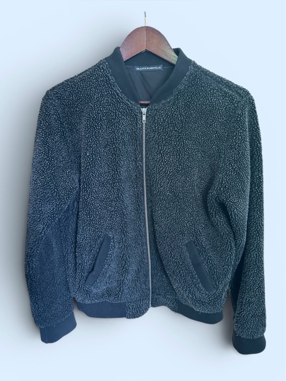Brandy Melville Fuzzy Sherpa Bomber Jacket - Black/Charcoal One Size